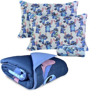 Kit Edredom + Jogo De Cama Casal Stitch Em Malha Infantil Disney 4 Peças Portallar