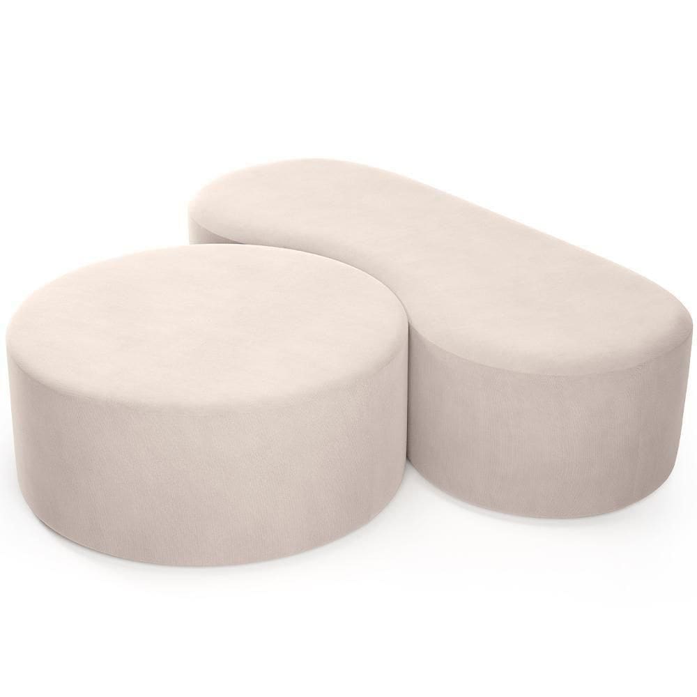 Kit Puff Redondo Lola E Puff Recamier Orgânico Orbit W01 Suede Bege - Lyam Decor