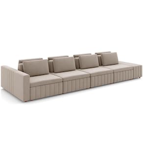 Sofá Ilha Com Puff Para Sala Living 425cm Amber M03 Veludo Bege - Lyam Decor