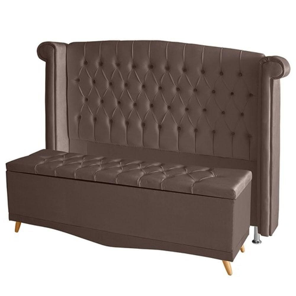 Kit Cabeceira De Cama Box E Calçadeira Baú Luxo Queen 160 Cm Suede Rosê Eli Móveis