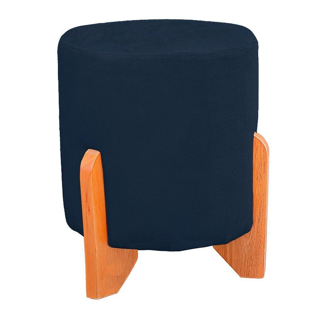 Puff Thor Luxo Madeira Maciça Redondo Suede Cor Azul Marinho