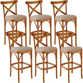 Kit 06 Banquetas Altas Cozinha Bancada Bar Sala Jantar Estofada ávila L02 Linho Bege Escuro - Lyam