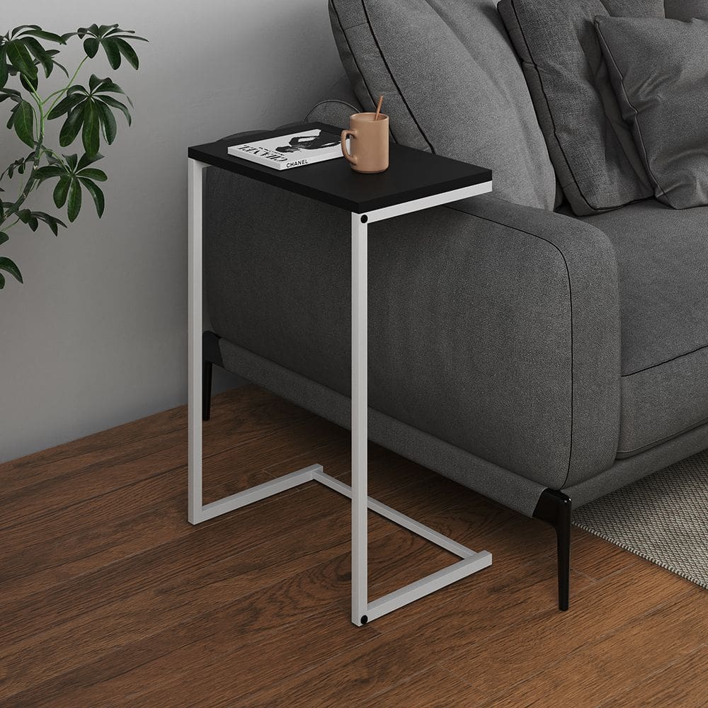 Mesa Lateral de Apoio Industrial Sofá Charmme Ferro Branco e Tampo Preto