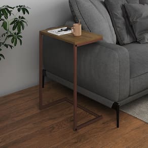 Mesa Lateral de Apoio Industrial Sofá Charmme Ferro Cobre e Tampo Freijó