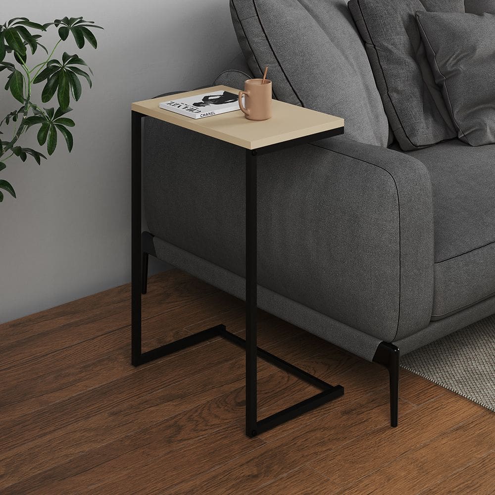 Mesa Lateral de Apoio Industrial Sofá Charmme Ferro Preto e Tampo Off-white