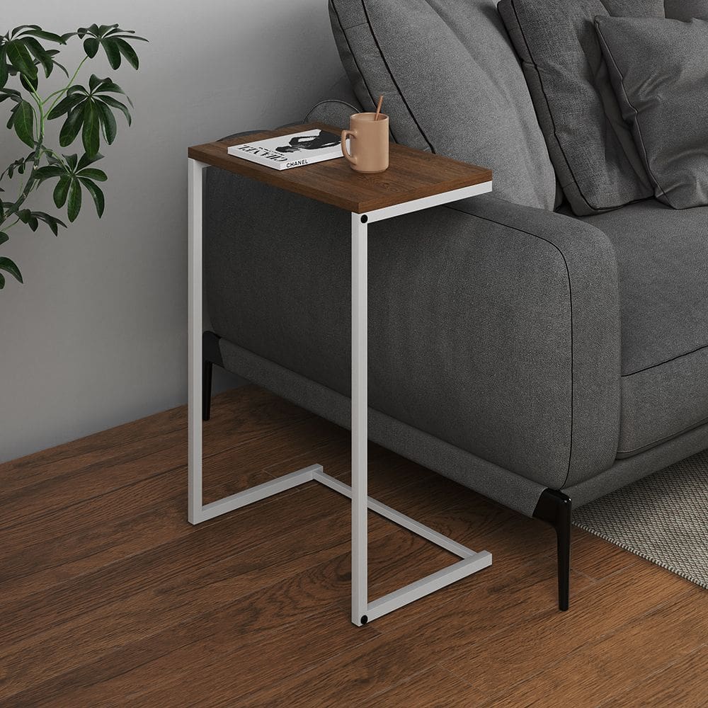 Mesa Lateral de Apoio Industrial Sofá Charmme Ferro Branco e Tampo Amêndoa