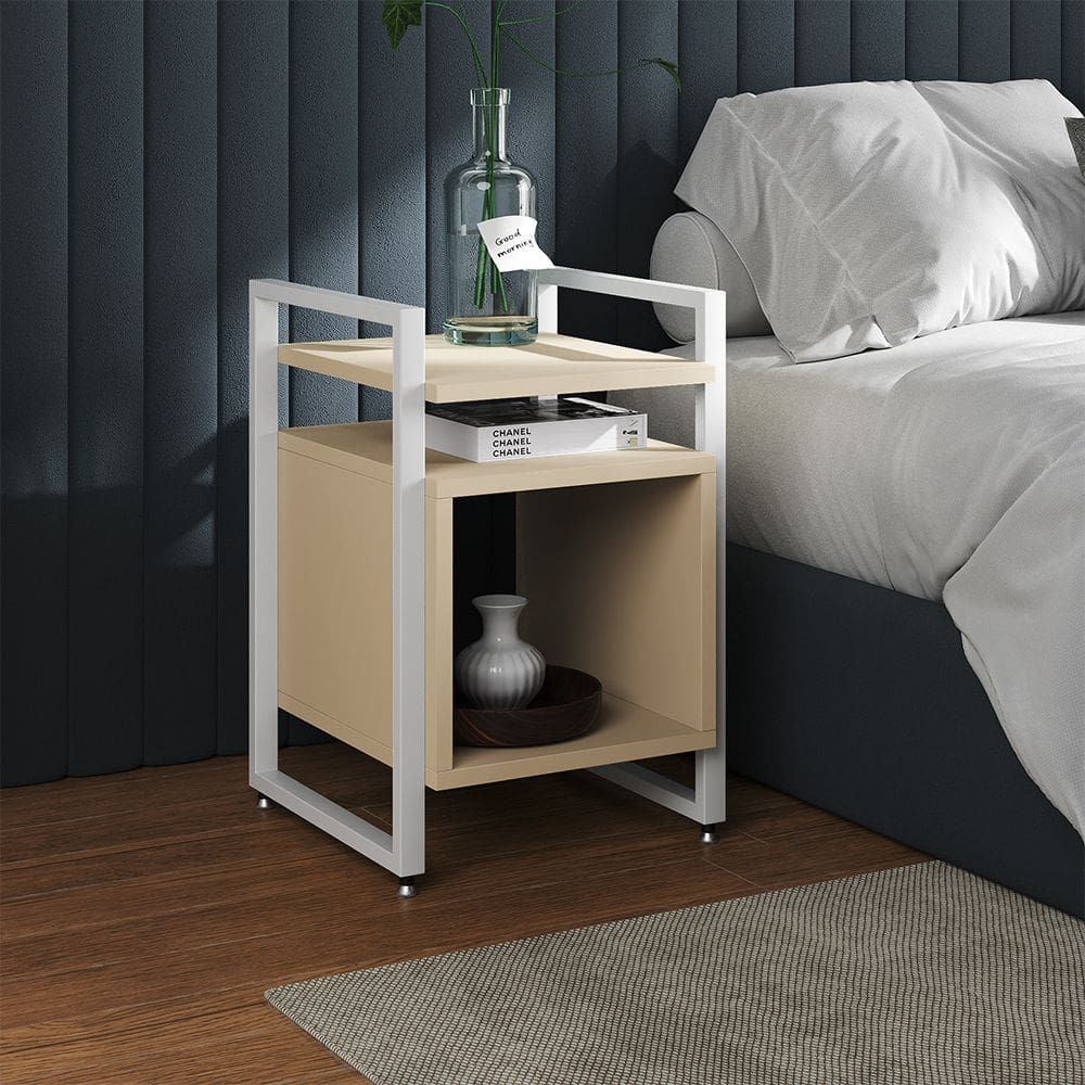 Mesa de Cabeceira Industrial Marrocos Ferro Branco e Tampo Off-white