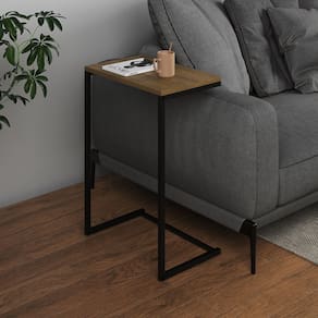 Mesa Lateral de Apoio Industrial Sofá Charmme Ferro Preto e Tampo Freijó