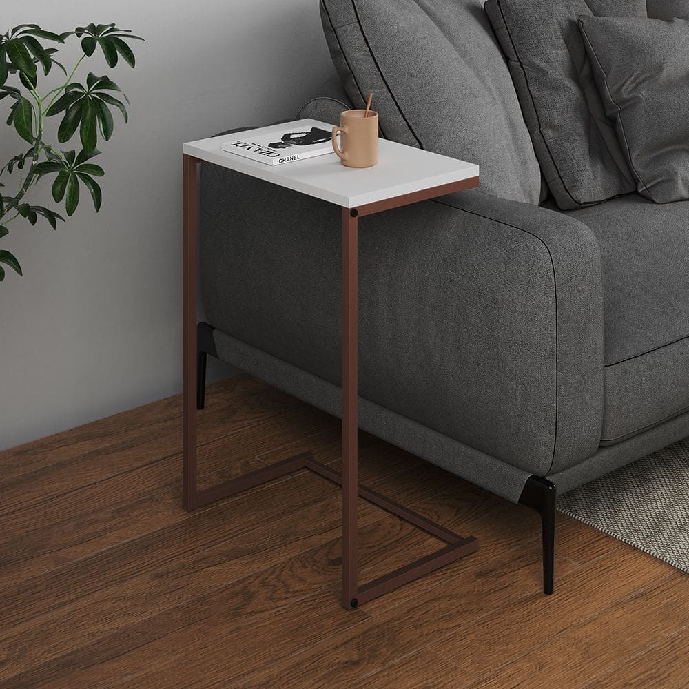 Mesa Lateral de Apoio Industrial Sofá Charmme Ferro Cobre e Tampo Branco