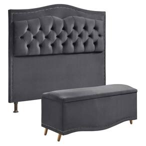 Conjunto Cabeceira E Calçadeira Holanda 1,60 Cm Veludo 2.0 Speciale Home Cinza Chumbo