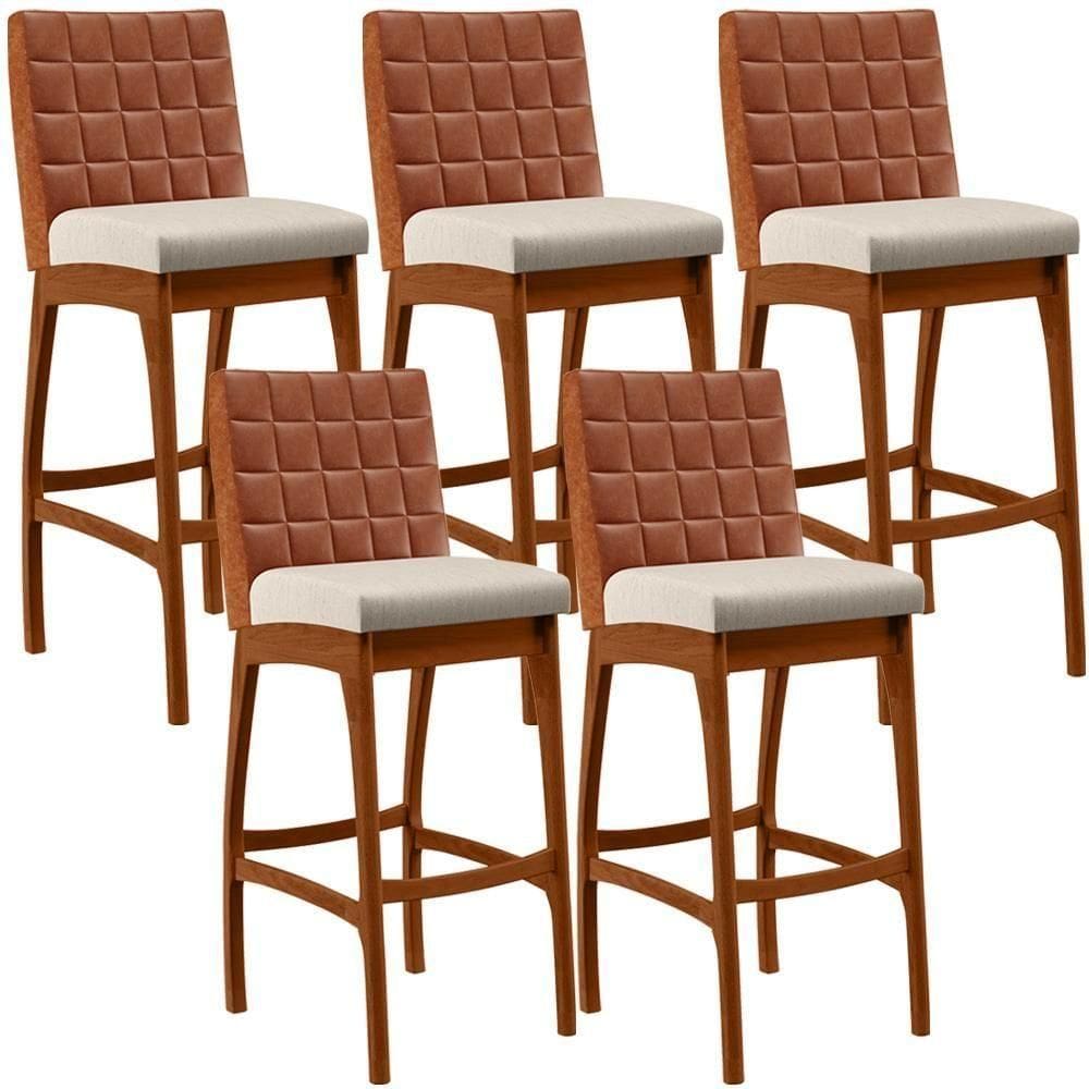 Kit 05 Banquetas Altas Mila Camel Linho Cru