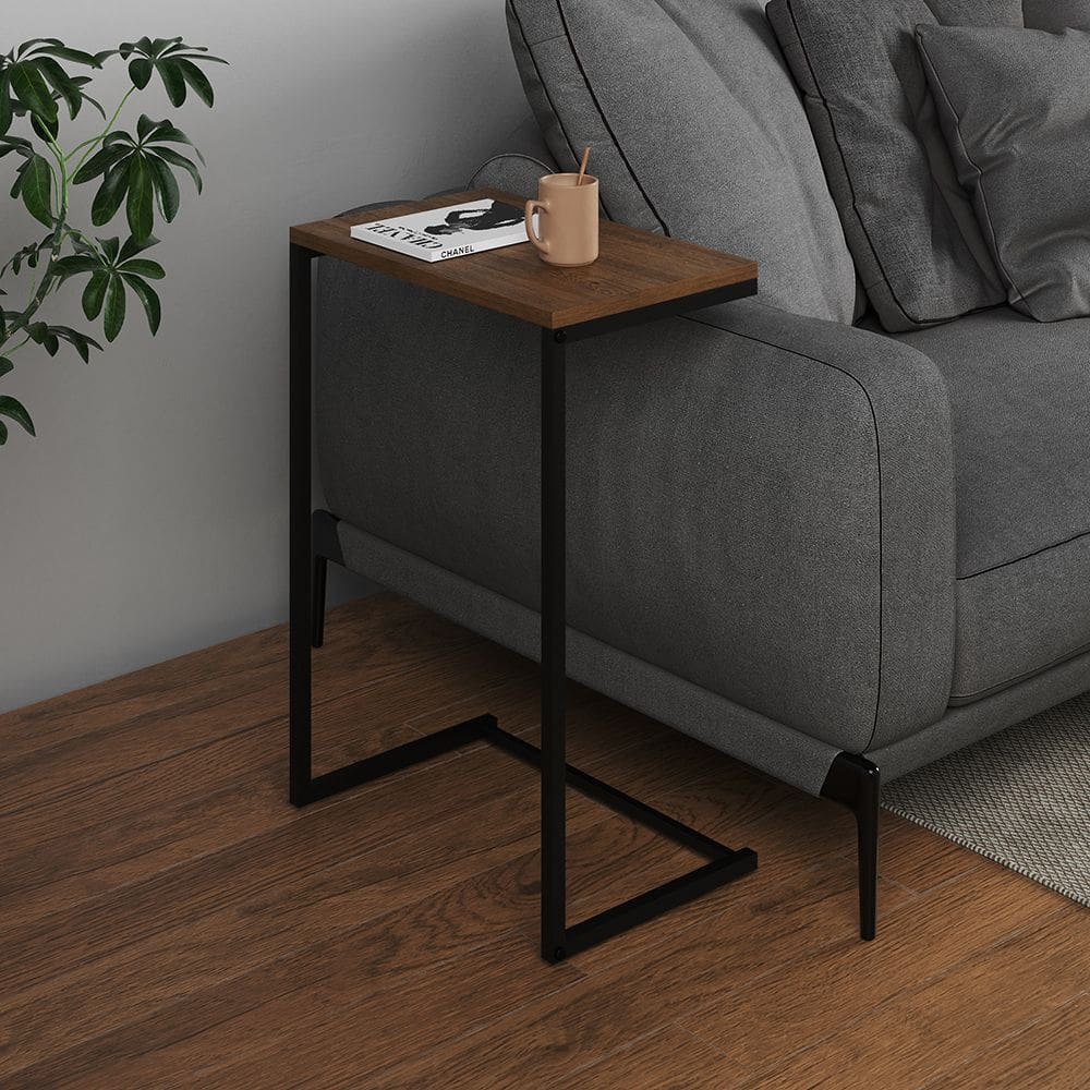Mesa Lateral de Apoio Industrial Sofá Charmme Ferro Preto e Tampo Amêndoa