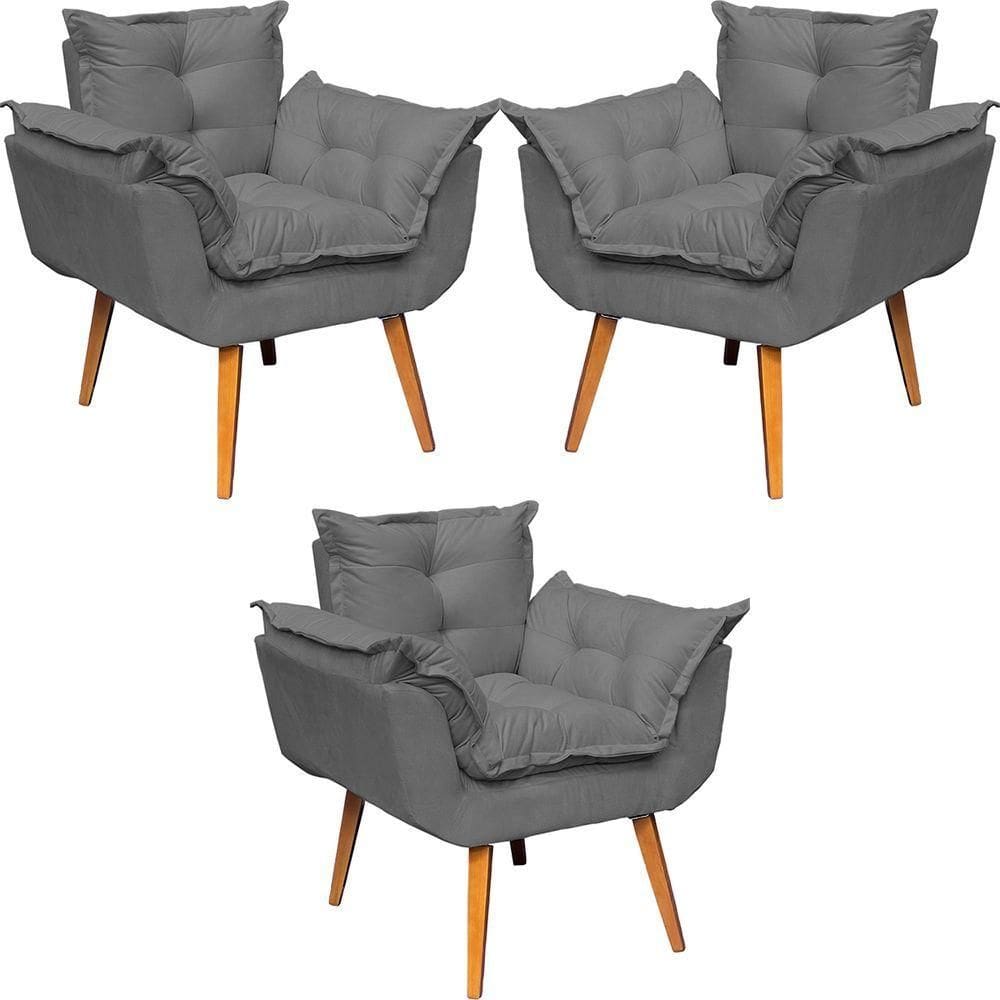 Kit 3 Poltronas Decorativa Alice Pé Trapézio 30cm Castanho - Suede