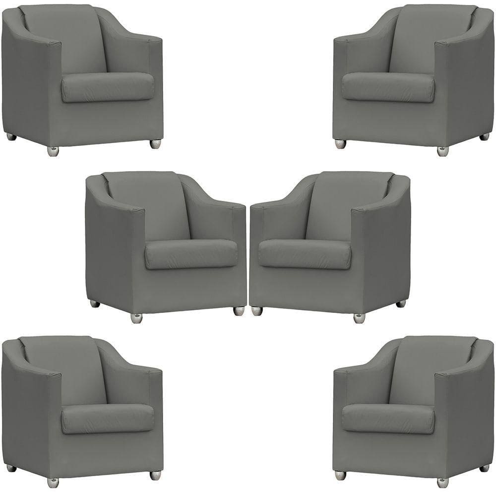 Kit 6 Poltronas Mila Corino Cores Pé De Plástico Cromado - Cinza Corino