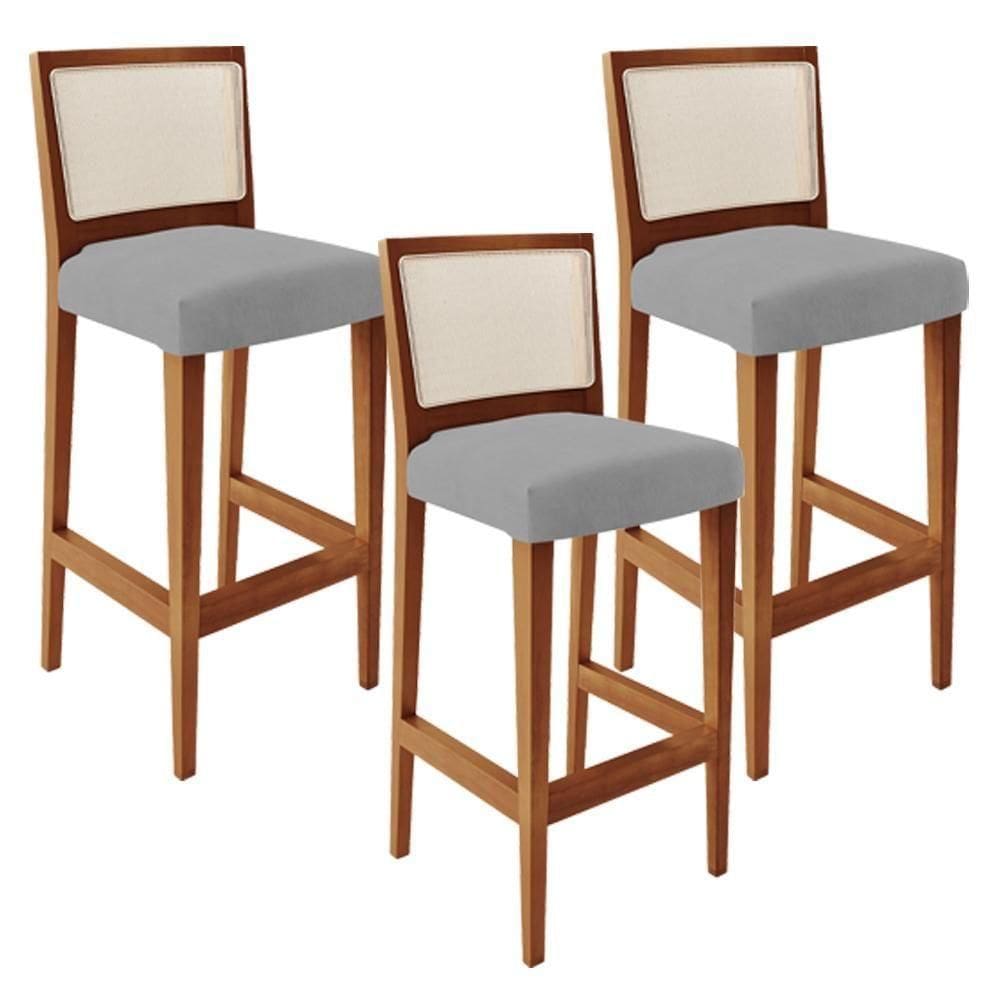 Kit 03 Banquetas Alta Branco Suede Cinza