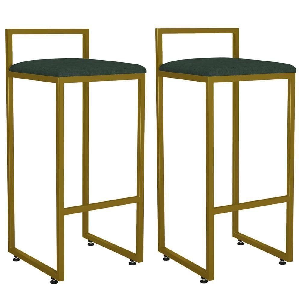 Kit 02 Banquetas Alta Hanna Dourado Linho Verde Musgo