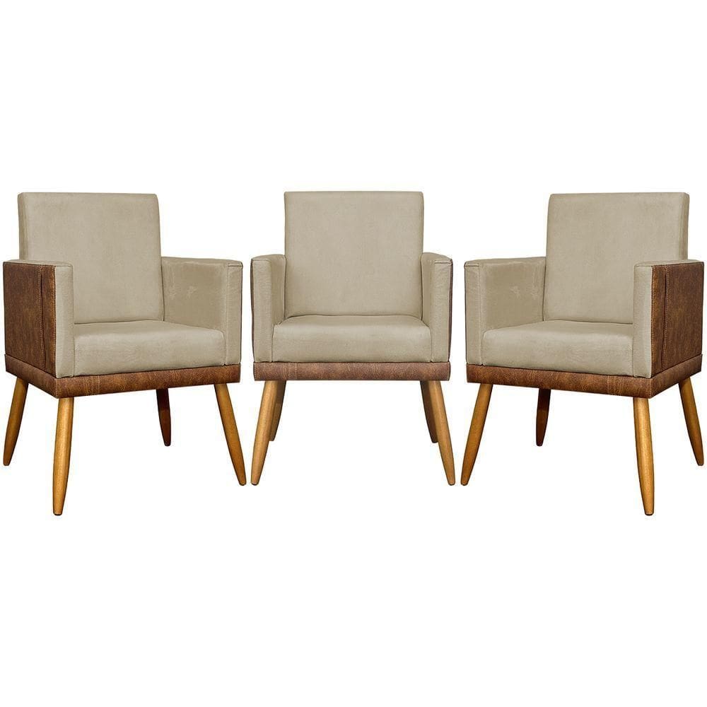 Kit 3 Poltronas Decorativas Lis Corino e Pé Palito - Nude Suede Corino