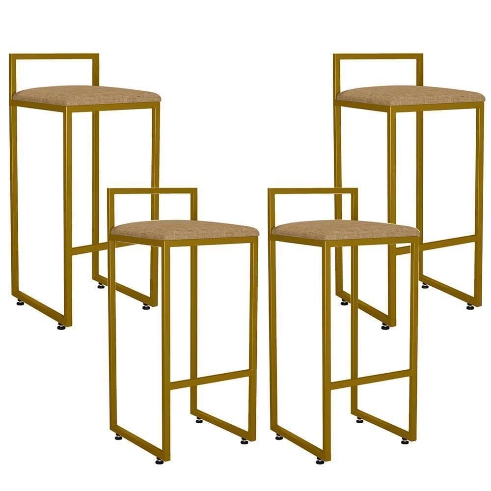 Kit 04 Banquetas Alta Hanna Dourado Linho Bege Escuro