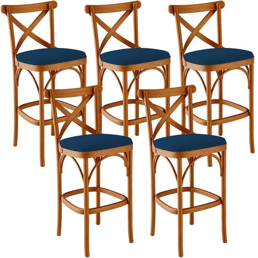 Kit 05 Banquetas Altas Bancada Bar Sala Jantar Estofada ávila L02 Suede Azul Marinho