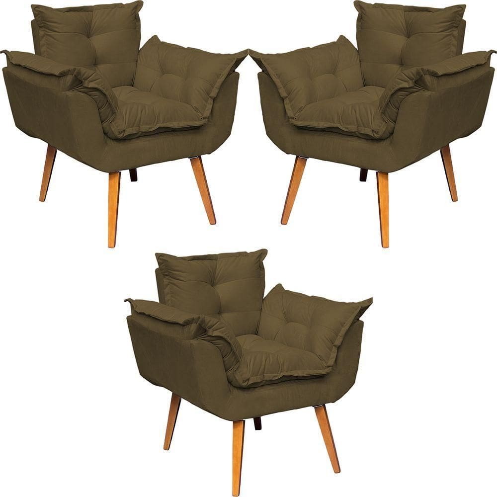 Kit 3 Poltronas Decorativa Alice Pé Trapézio 30cm Castanho - Suede