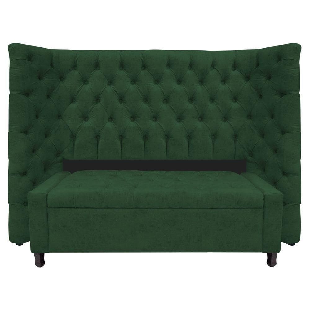Kit Cabeceira E Calçadeira Baú Casal Everest P02 140cm Para Cama Box Suede - Doce Sonho Móveis Verde