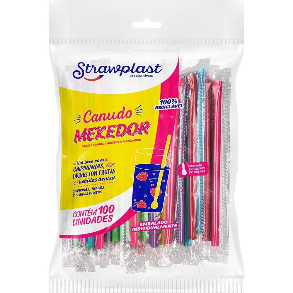 Canudo Mexedor Sache Colorido c/100 - Strawplast