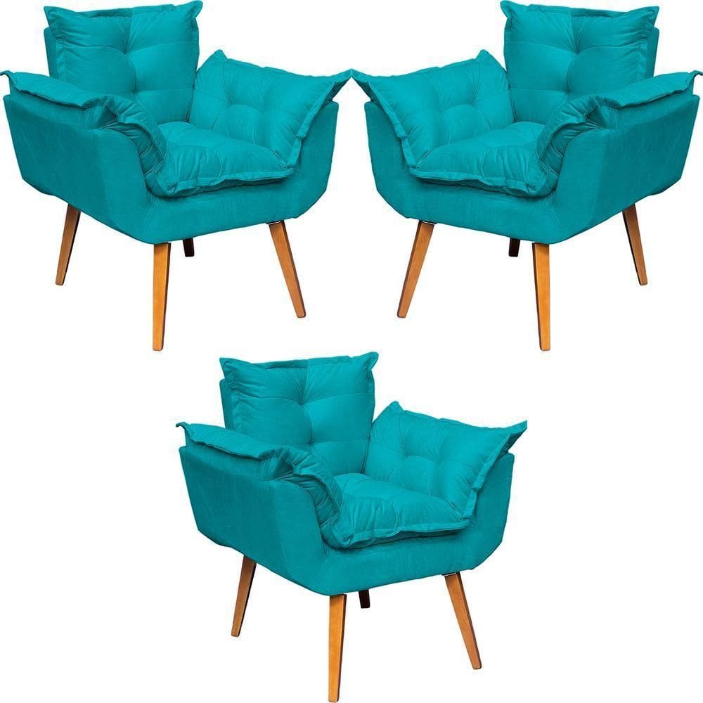 Kit 3 Poltronas Decorativa Alice Pé Trapézio 30cm Castanho - Suede