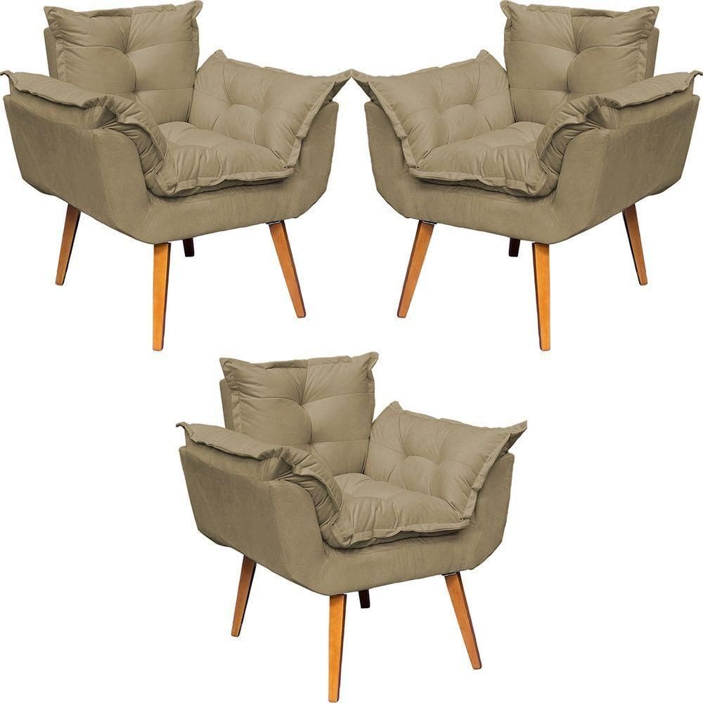 Kit 3 Poltronas Decorativa Alice Pé Trapézio 30cm Castanho - Suede