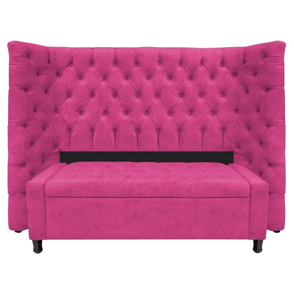 Kit Cabeceira E Calçadeira Baú Casal Everest P02 140cm Para Cama Box Suede - Doce Sonho Móveis Pink