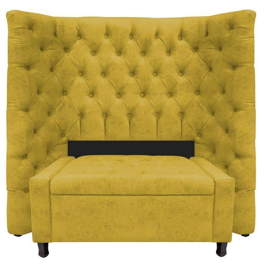 Kit Cabeceira e Calçadeira Baú Solteiro Everest P02 90cm Para Cama Box Suede Amarelo