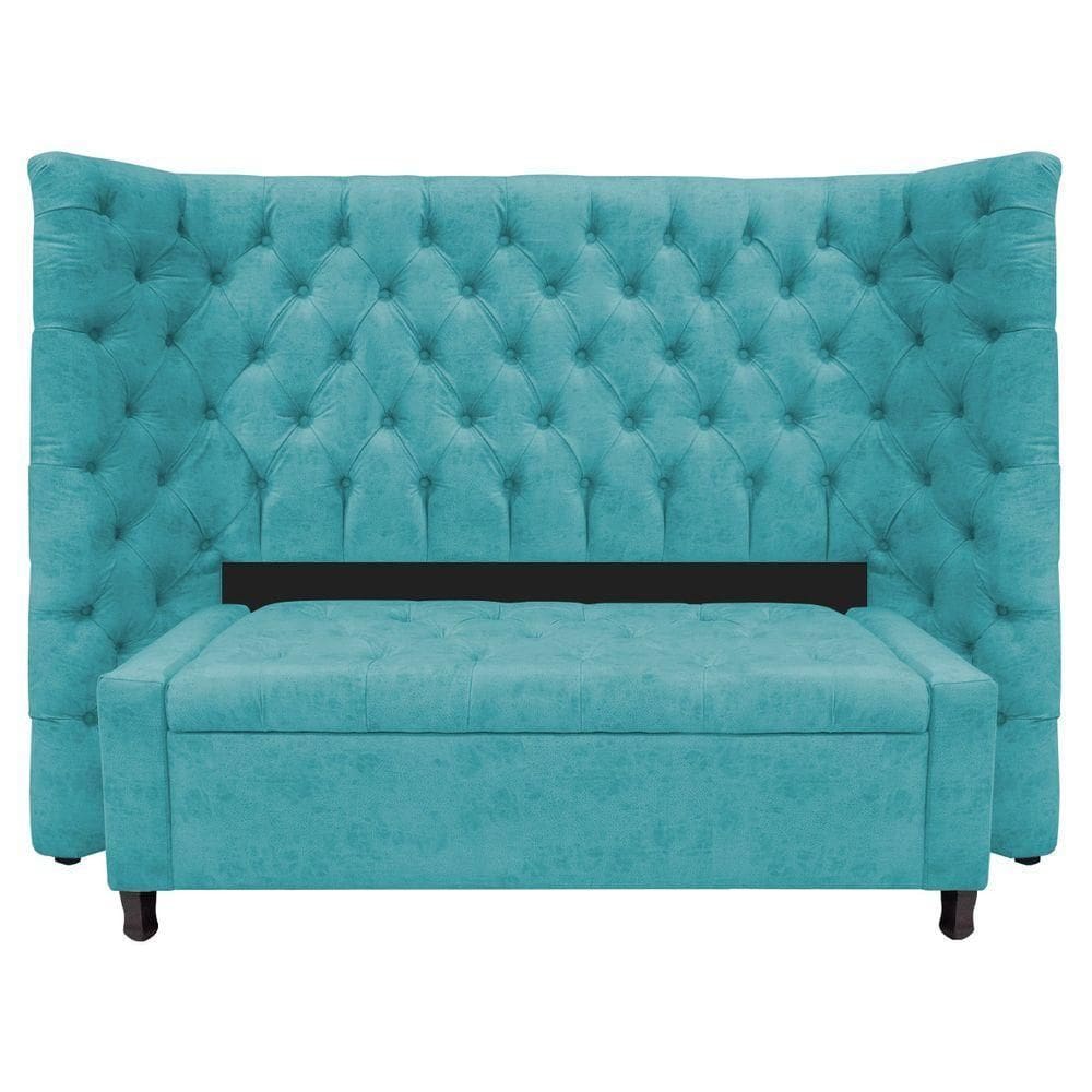 Kit Cabeceira e Calçadeira Baú Casal Everest P02 140cm Para Cama Box Suede Azul Turquesa