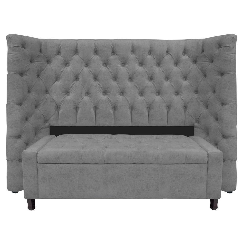Kit Cabeceira E Calçadeira Baú Casal Everest P02 140cm Para Cama Box Suede - Doce Sonho Móveis Cinza