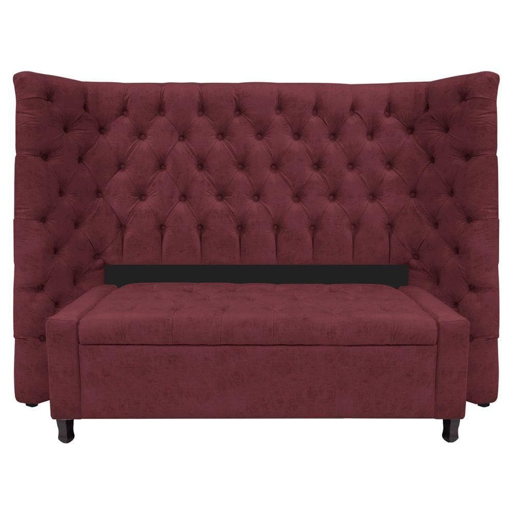 Kit Cabeceira e Calçadeira Baú Casal Everest P02 140cm Para Cama Box Suede Bordô