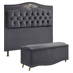 Conjunto Cabeceira E Calçadeira Holanda 1,95 Cm Veludo Star Confort Cinza Chumbo