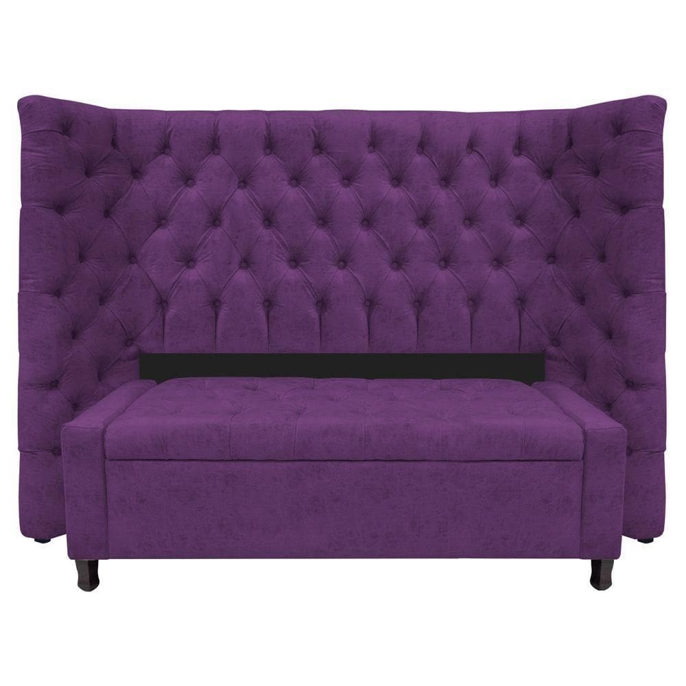 Kit Cabeceira E Calçadeira Baú Casal Everest P02 140cm Para Cama Box Suede - Doce Sonho Móveis Roxo