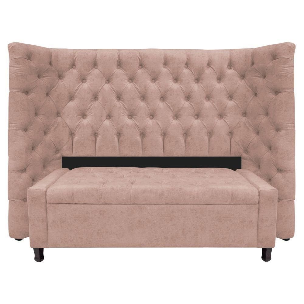 Kit Cabeceira e Calçadeira Baú Casal Everest P02 140cm Para Cama Box Suede Rosê