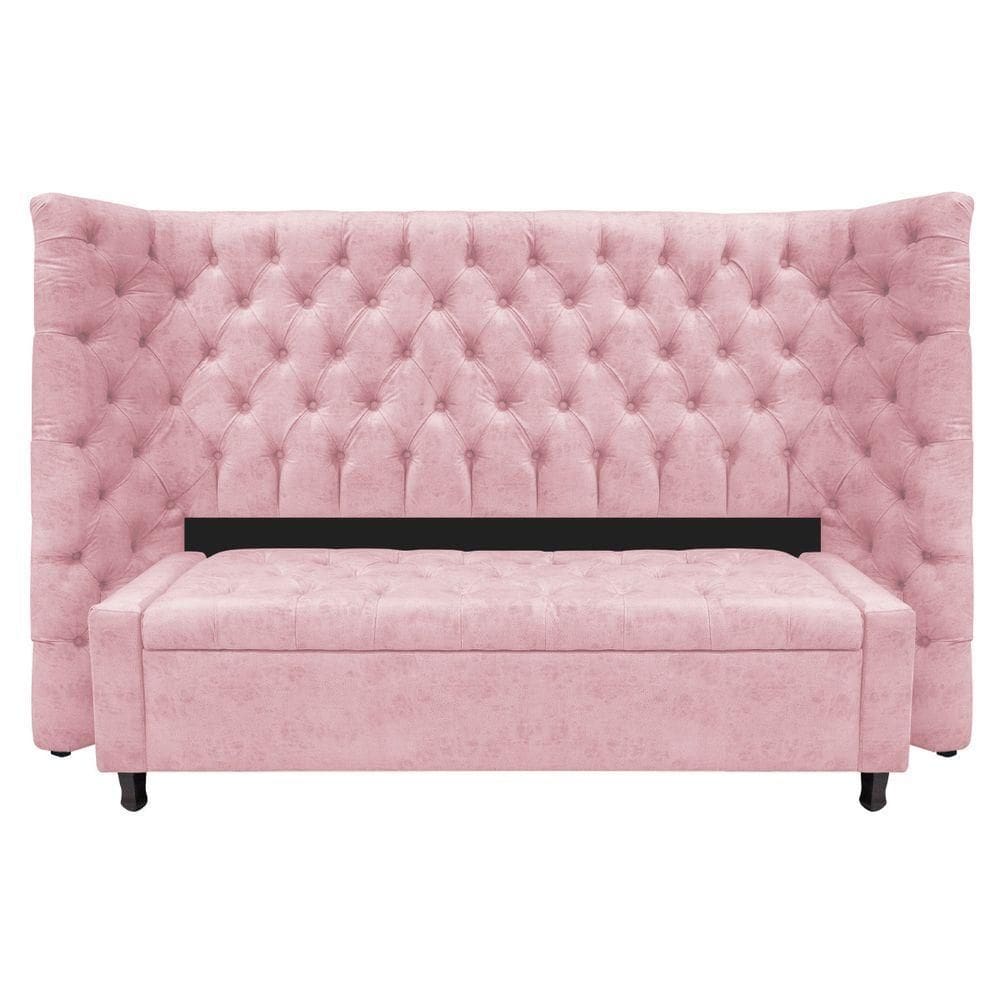 Kit Cabeceira E Calçadeira Baú King Everest P02 195cm Suede - Doce Sonho Móveis Rosa Bebê