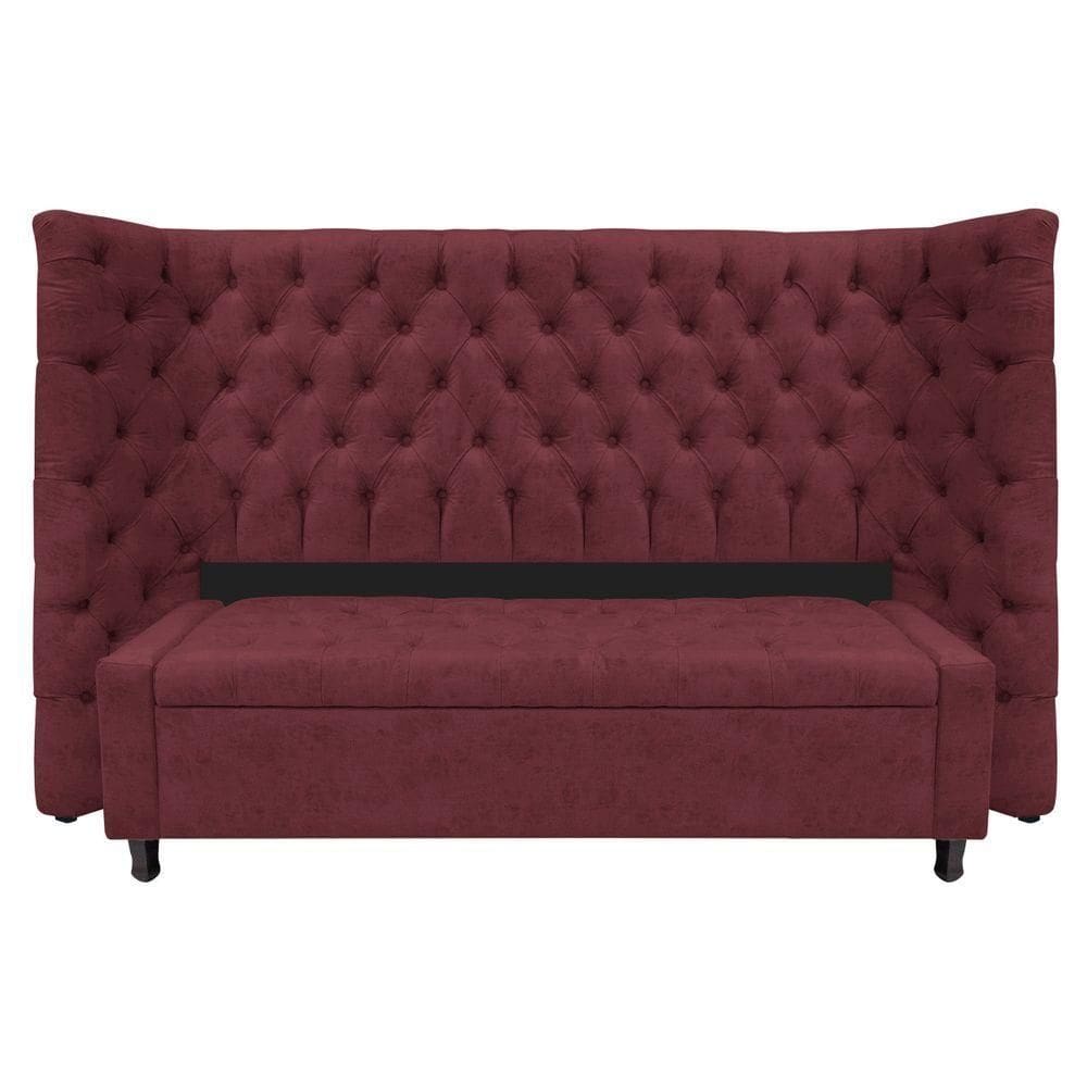 Kit Cabeceira E Calçadeira Baú Queen Everest P02 160cm Para Cama Box Suede - Doce Sonho Móveis Bordô