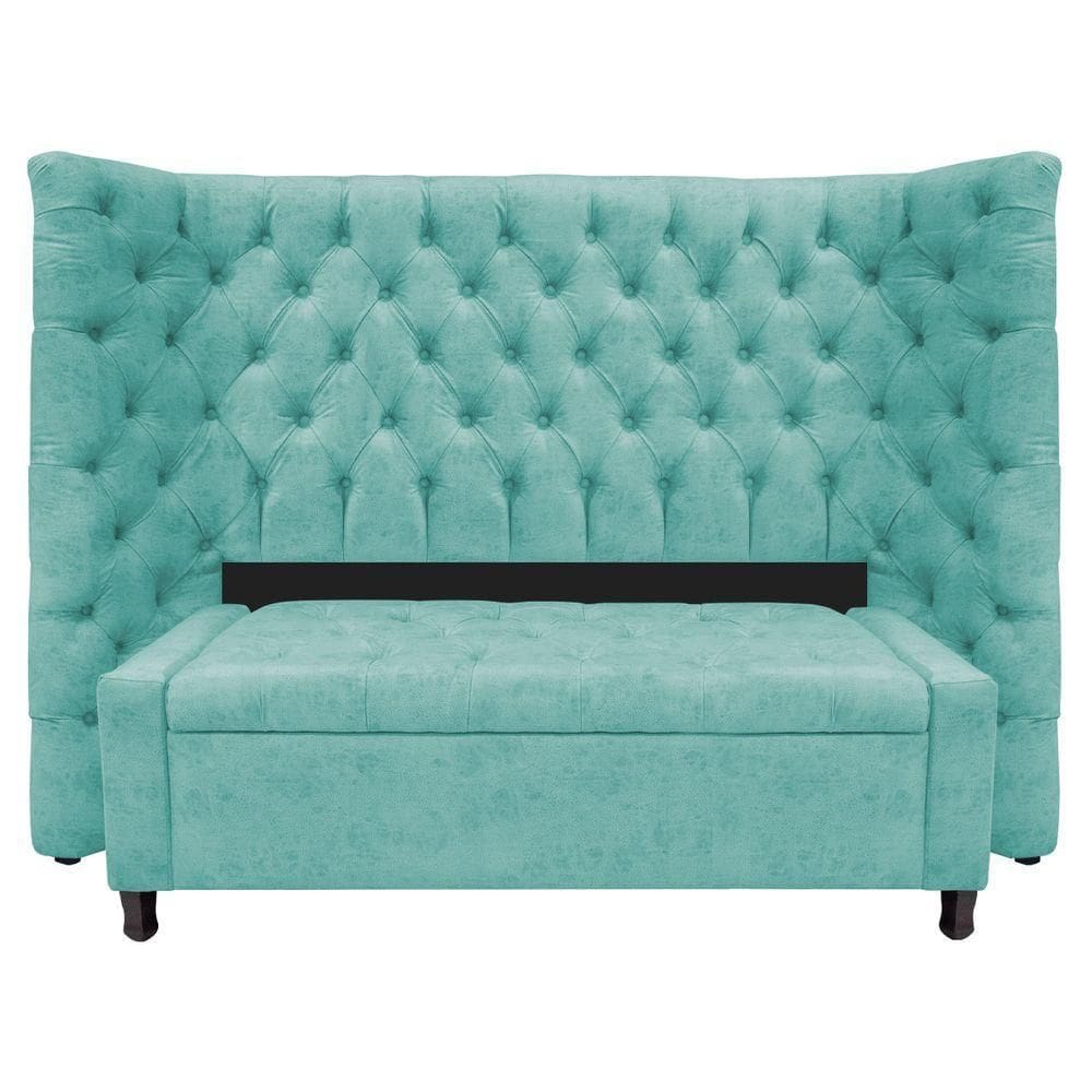 Kit Cabeceira e Calçadeira Baú Casal Everest P02 140cm Para Cama Box Suede Azul Tiffany