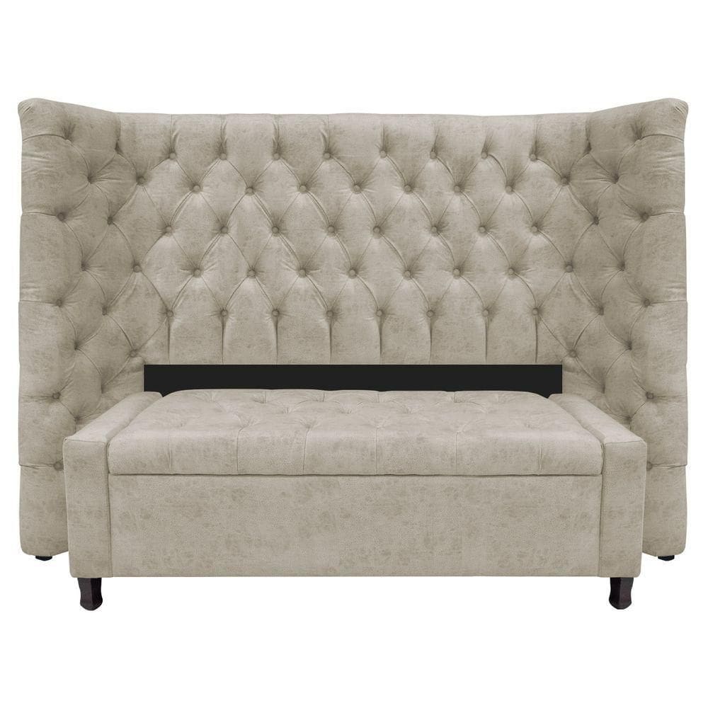 Kit Cabeceira e Calçadeira Baú Casal Everest P02 140cm Para Cama Box Suede Bege