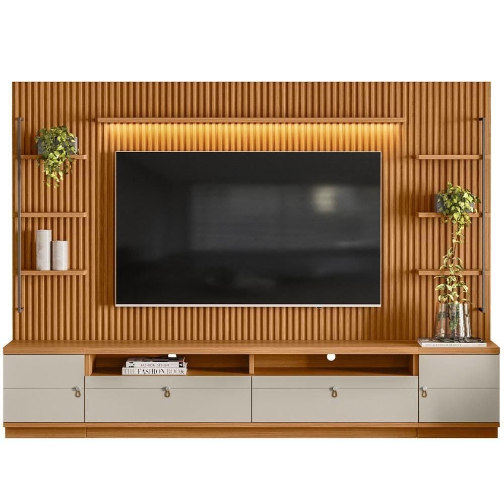 Rack Para Sala Com Painel Ripado Para Tv 75 Pol 268cm Orizon L05 Nature Off White - Lyam Decor