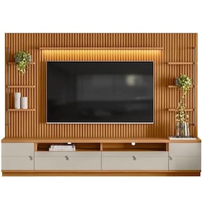 Rack Para Sala Com Painel Ripado Para Tv 75 Pol 268cm Orizon L05 Nature Off White - Lyam Decor