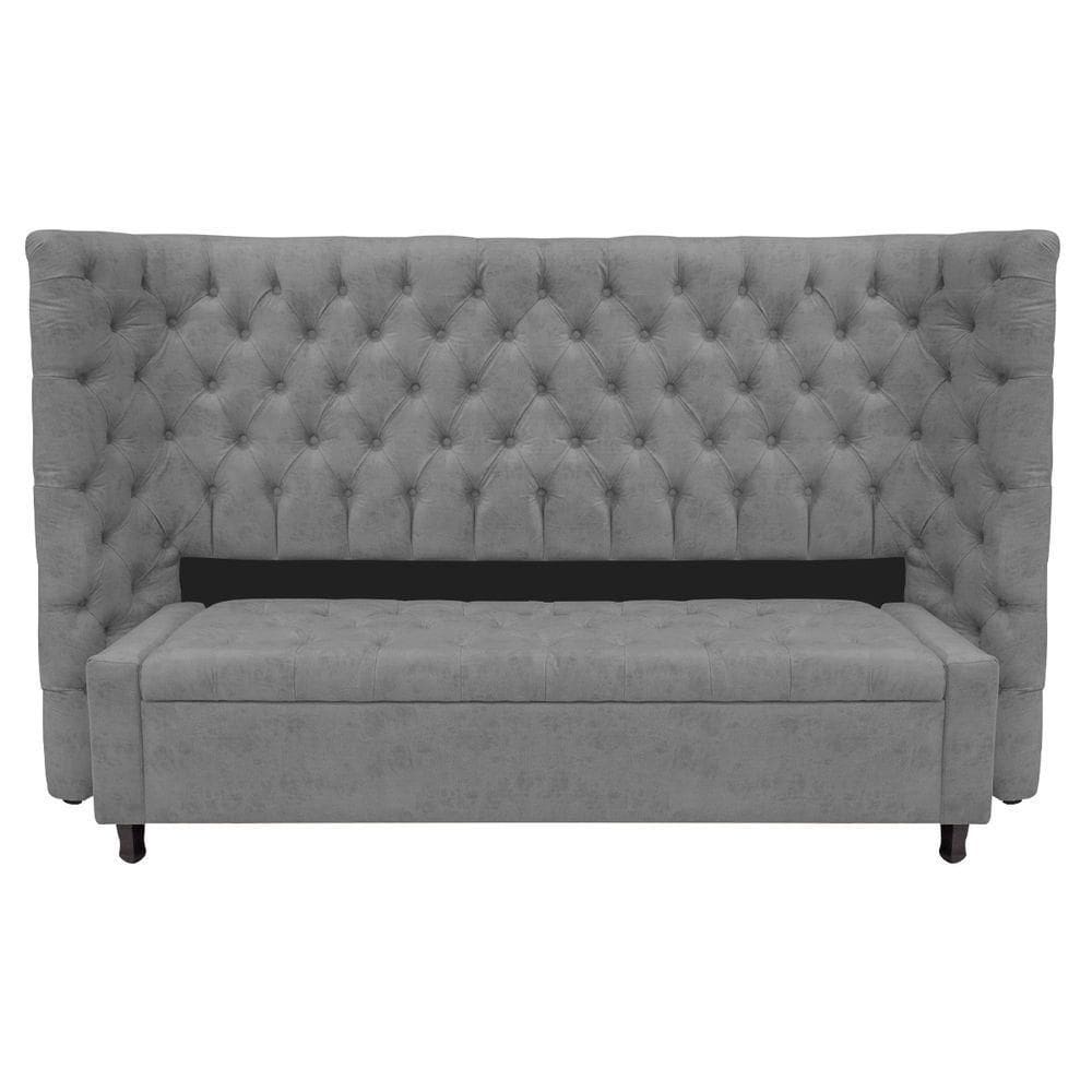 Kit Cabeceira E Calçadeira Baú King Everest P02 195cm Para Cama Box Suede - Doce Sonho Móveis Cinza