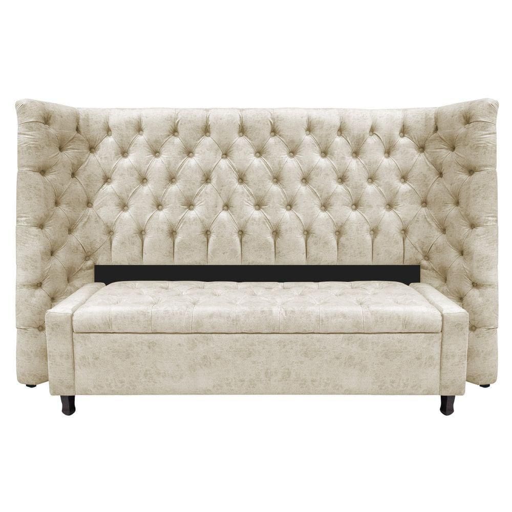 Kit Cabeceira E Calçadeira Baú Queen Everest P02 160cm Para Cama Box Linho - Doce Sonho Móveis Bege