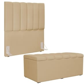 Kit Cabeceira Solteiro 100cm Com Calçadeira Baú Bege Escuro