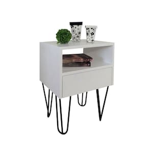 Mesa De Cabeceira Lateral Nicho Com Gaveteiro Pés Hairpin Legs Estilo Industrial Off White Laca