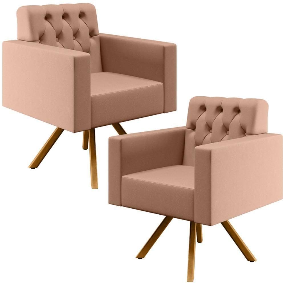 Kit 02 Poltronas Giratórias Capitonê Linho Rosê