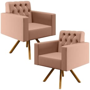 Kit 02 Poltronas Giratórias Capitonê Linho Rosê