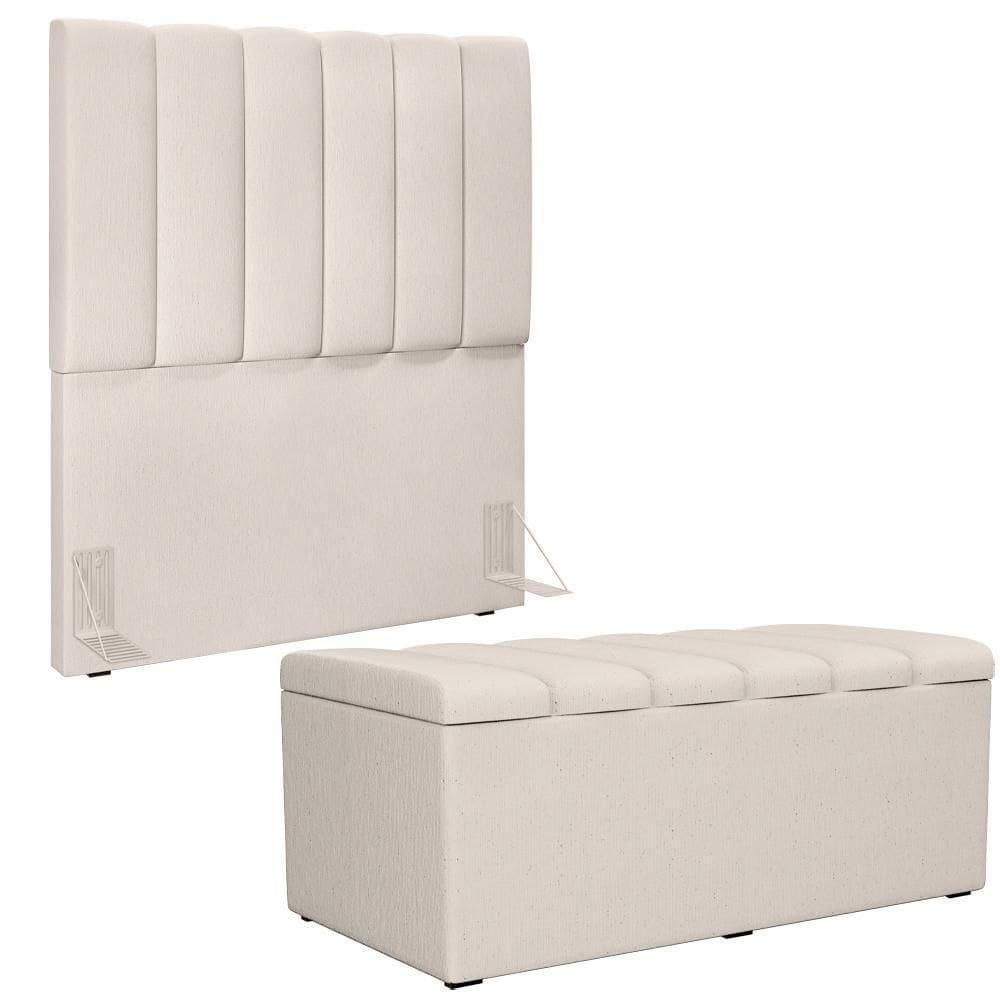 Kit Cabeceira Solteiro 100cm C/Calçadeira Recamier Baú Cru