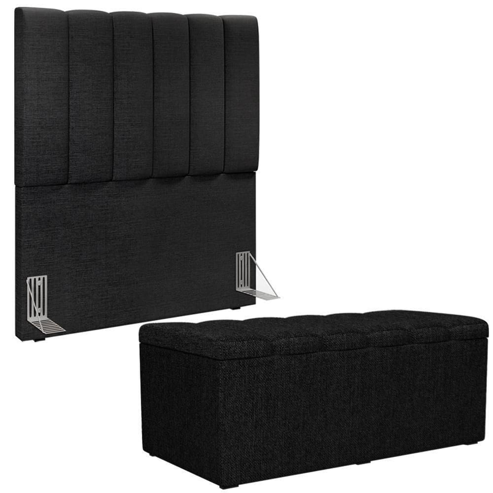 Kit Cabeceira Solteiro 100cm E Calçadeira Baú Chumbo